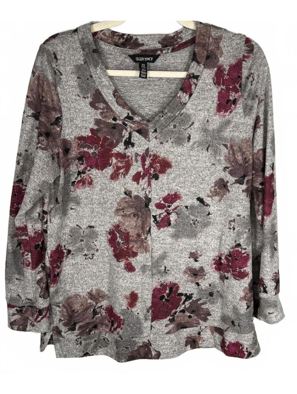 Ellen Tracy Gray Floral Cozy Knit V-Neck Tunic Top Boho Whimsigoth, W/Pockets M